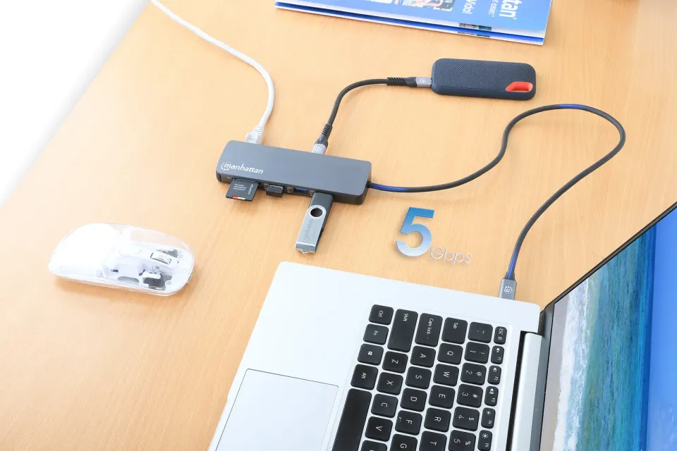 MANHATTAN Dokovací stanice USB-C 9v1, 1xHDMI, 2xUSB-C, 3xUSB, 1xRJ45, čtečka SD karet, šedá