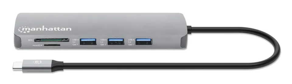 MANHATTAN Dokovací stanice USB-C 9v1, 1xHDMI, 2xUSB-C, 3xUSB, 1xRJ45, čtečka SD karet, šedá