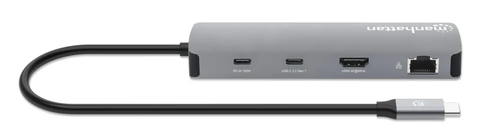 MANHATTAN Dokovací stanice USB-C 9v1, 1xHDMI, 2xUSB-C, 3xUSB, 1xRJ45, čtečka SD karet, šedá