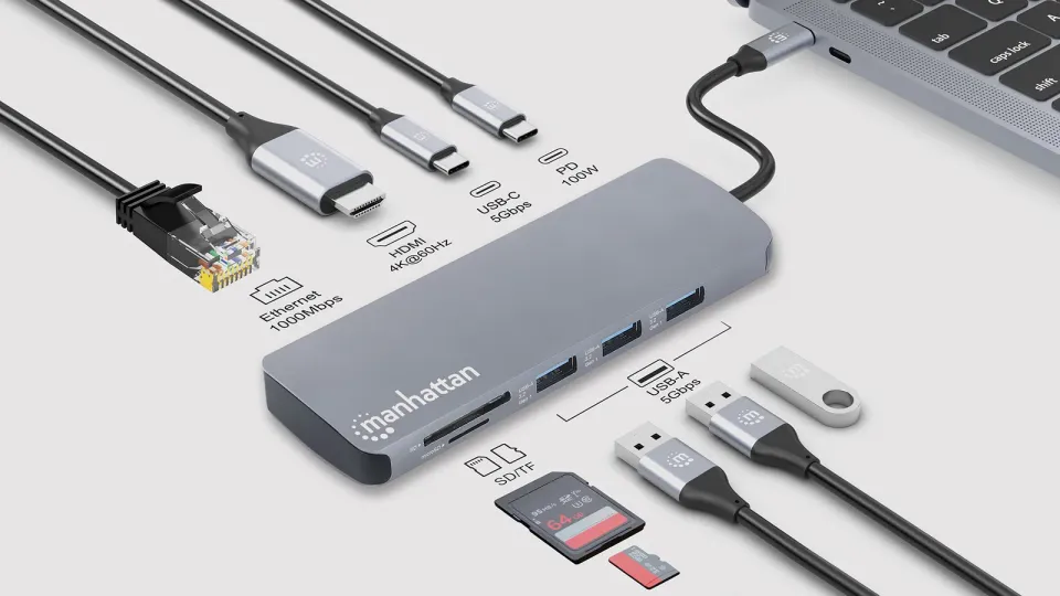 MANHATTAN Dokovací stanice USB-C 9v1, 1xHDMI, 2xUSB-C, 3xUSB, 1xRJ45, čtečka SD karet, šedá