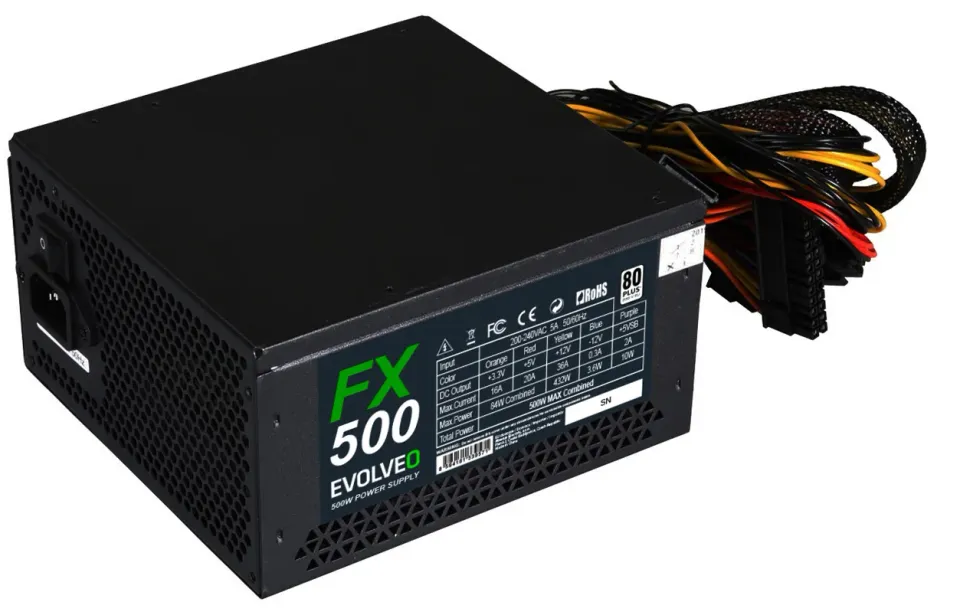 EVOLVEO FX 500, zdroj 500W, 80+ White, ATX 2.2, 1× PCIe, aPFC, tichý 140mm venti