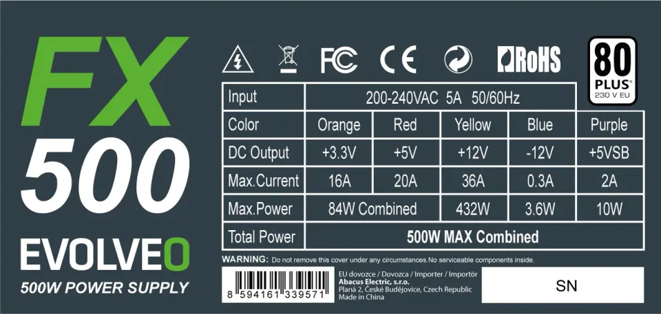 EVOLVEO FX 500, zdroj 500W, 80+ White, ATX 2.2, 1× PCIe, aPFC, tichý 140mm venti