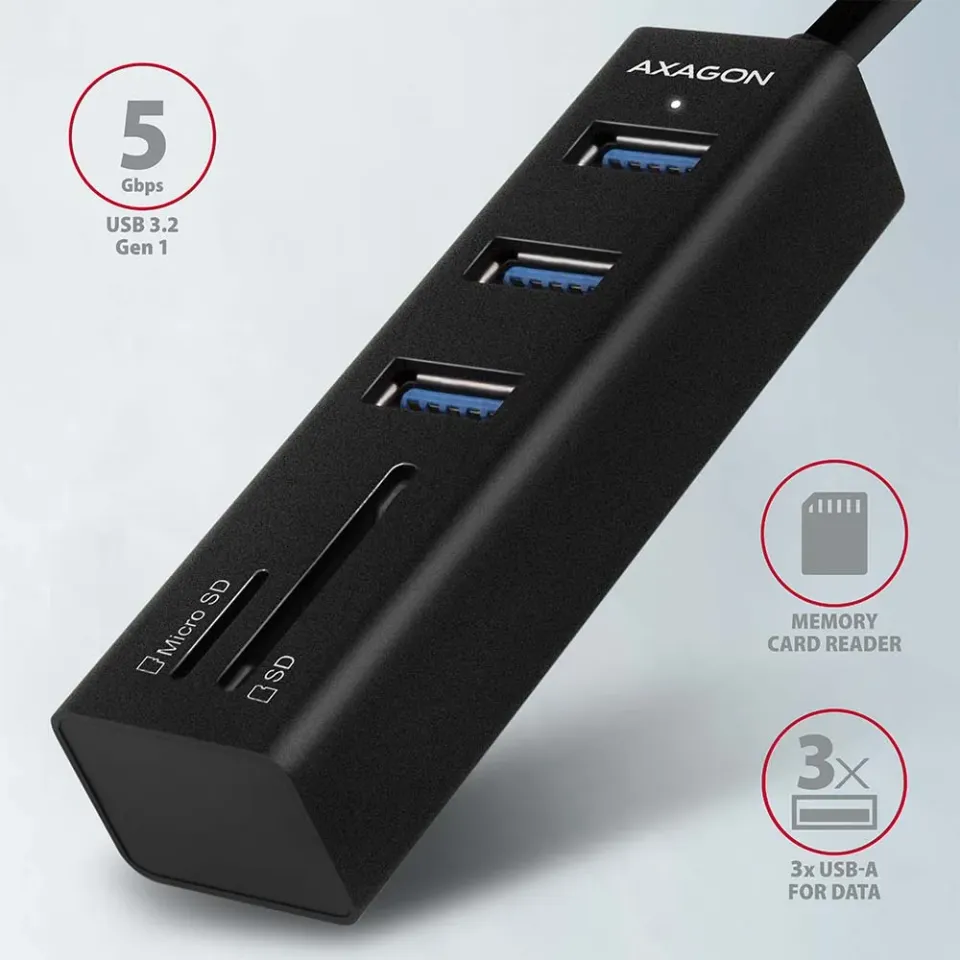 AXAGON HMA-CR3A, USB 3.2 Gen 1 hub, porty 3x USB-A + čtečka karet SD/microSD, ko