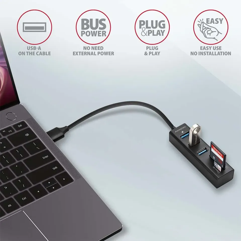 AXAGON HMA-CR3A, USB 3.2 Gen 1 hub, porty 3x USB-A + čtečka karet SD/microSD, ko