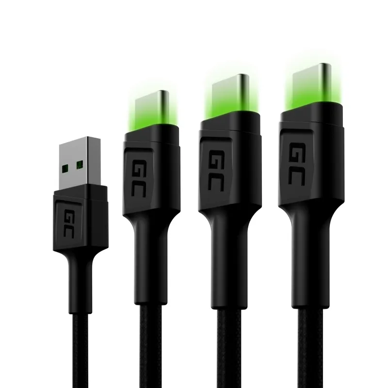 Green Cell Set 3x Cable GC Ray USB-C 120cm Cable with green LED backlight, fast