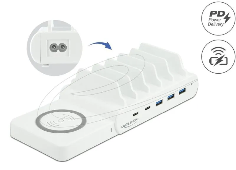 Delock USB nabíječka a bezdrátová nabíječka, 2 x USB Type-C™ PD a 3 x USB Typu-A