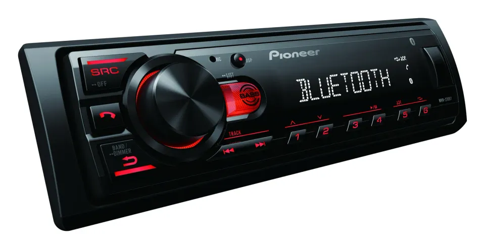Pioneer MVH-230 autorádio s USB a Bluetooth s integrovaným mikrofonem červené