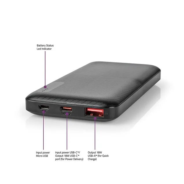 Nedis UPBKPD10000BK - Powerbanka | 10000 mAh | Výstup 1x USB-A / 1x USB-C | Vstu