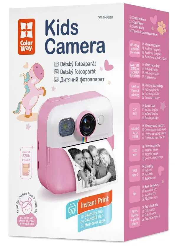 COLORWAY dětský fotoaparát a kamera s tiskárnou CW-PHP01P/ 2,4" IPS/ 1500mAh/ USB-C/ Android/ iOS/ růžová