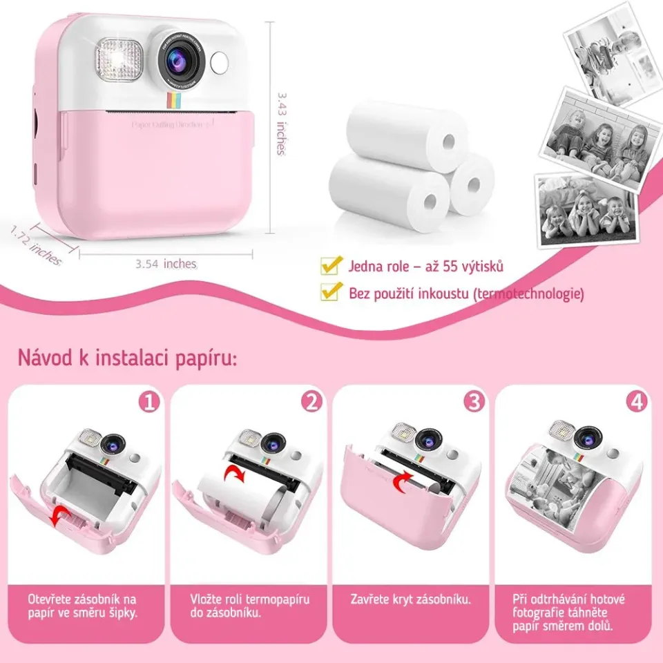 COLORWAY dětský fotoaparát a kamera s tiskárnou CW-PHP01P/ 2,4" IPS/ 1500mAh/ USB-C/ Android/ iOS/ růžová