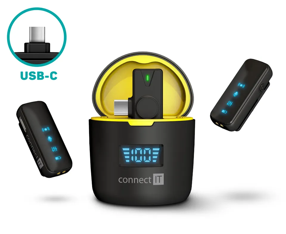 CONNECT IT Wireless mikrofon ClipMic Pro USB-C (2 ks + receiver) set ČERNÝ