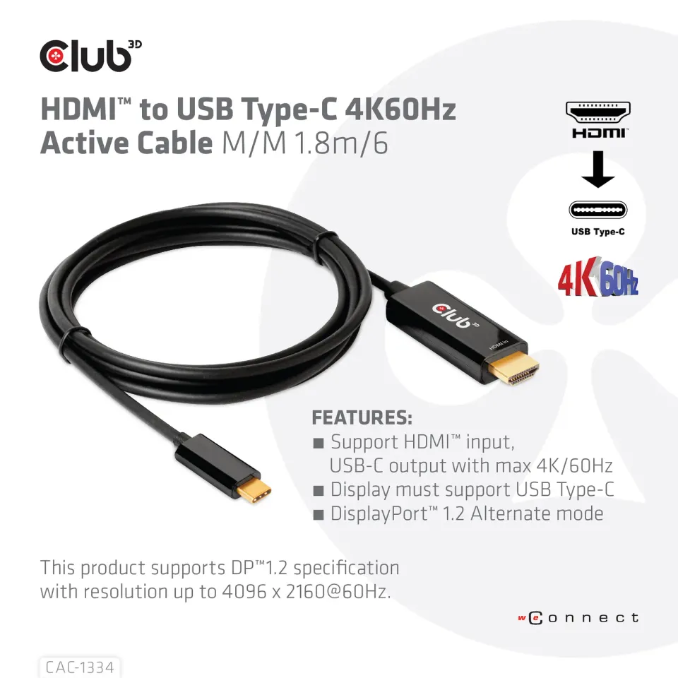 Club3D aktivní kabel HDMI na USB-C, 4K60Hz, 1.8m, M/M