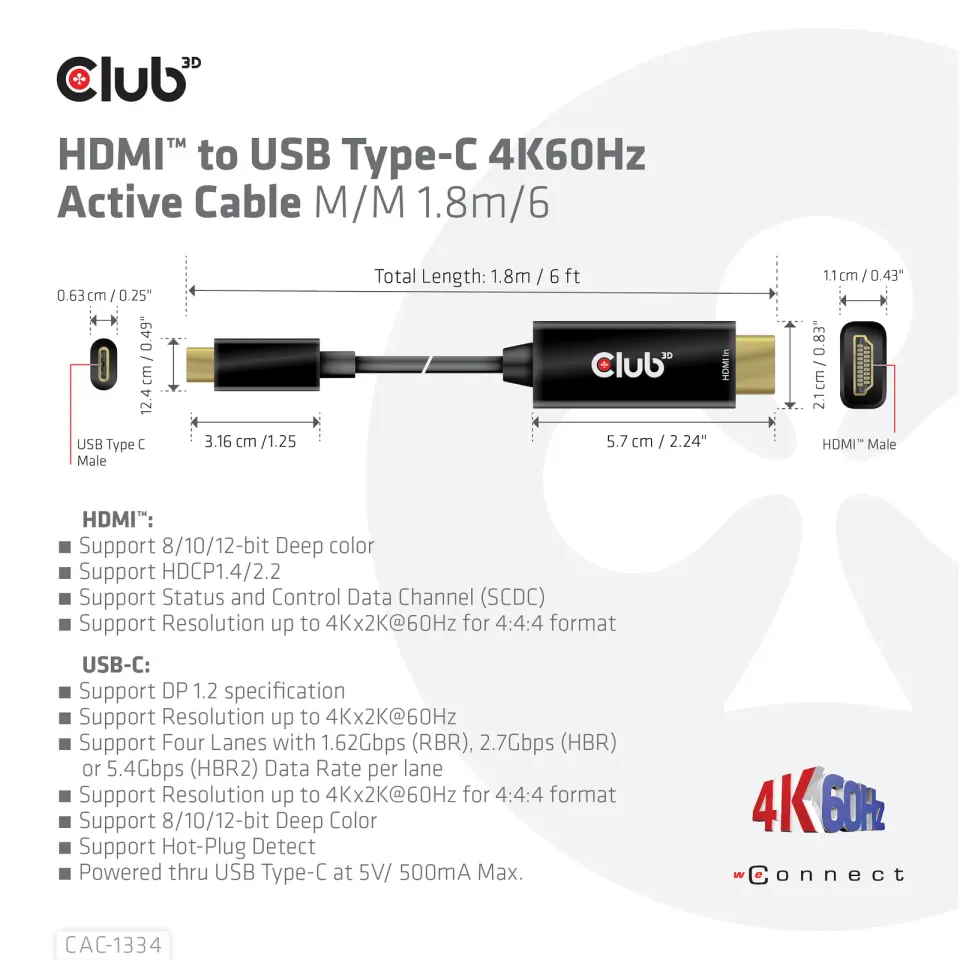 Club3D aktivní kabel HDMI na USB-C, 4K60Hz, 1.8m, M/M