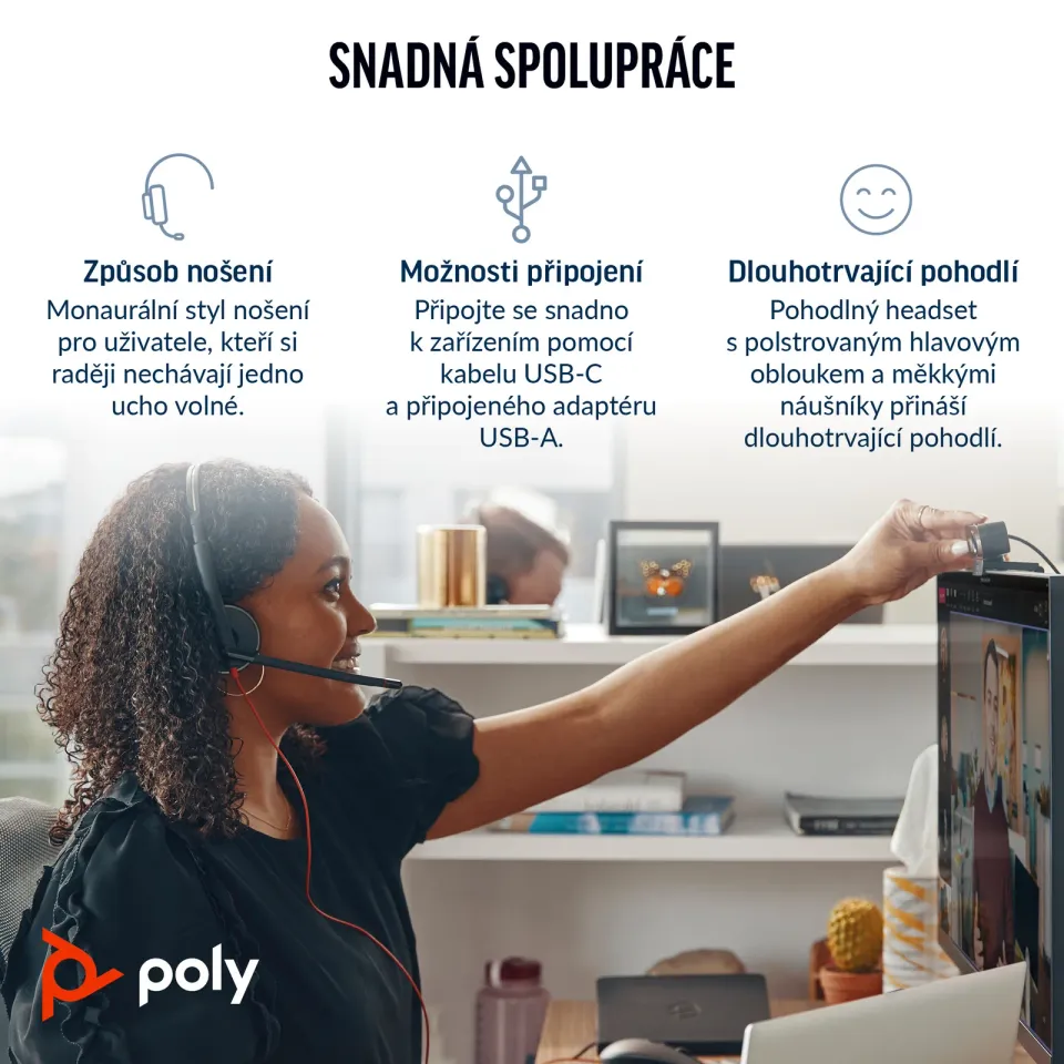 Poly Blackwire 3310 MS Teams náhlavní souprava, USB-C/A adaptér, mono