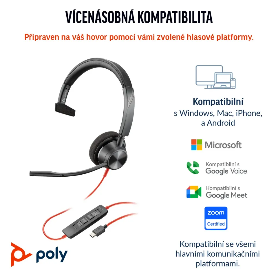 Poly Blackwire 3310 MS Teams náhlavní souprava, USB-C/A adaptér, mono
