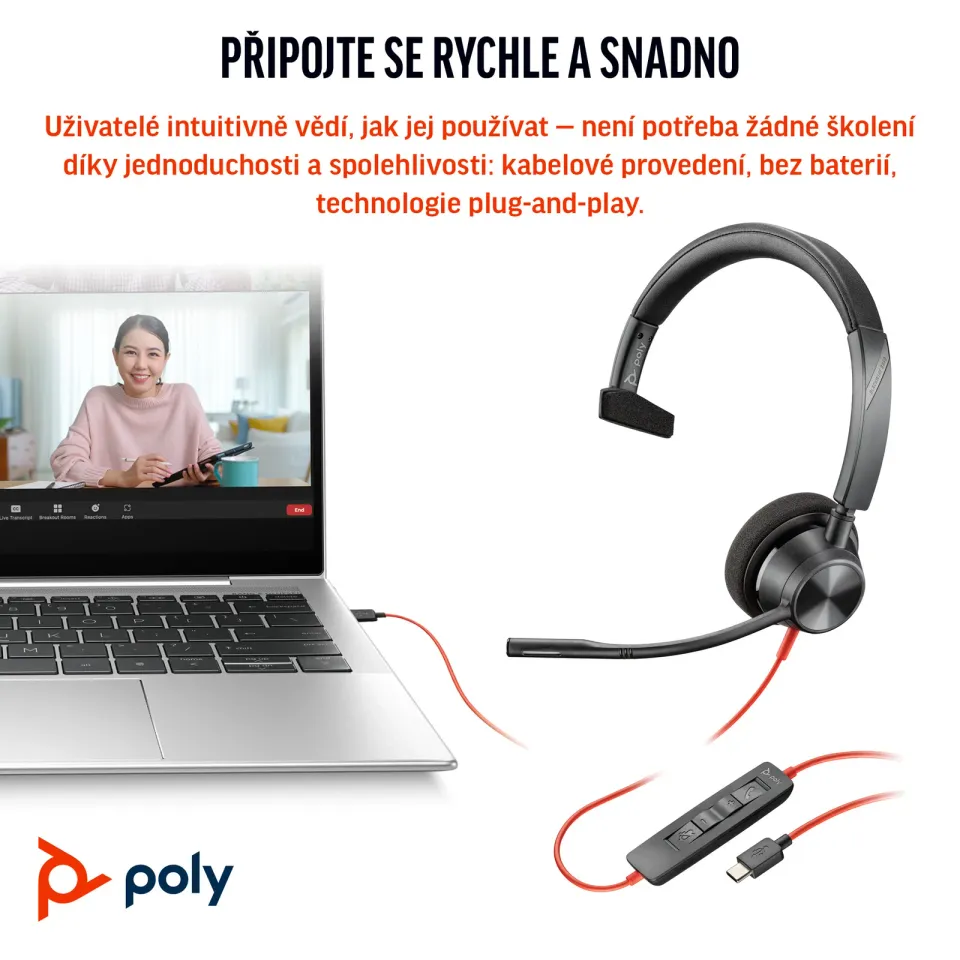 Poly Blackwire 3310 MS Teams náhlavní souprava, USB-C/A adaptér, mono
