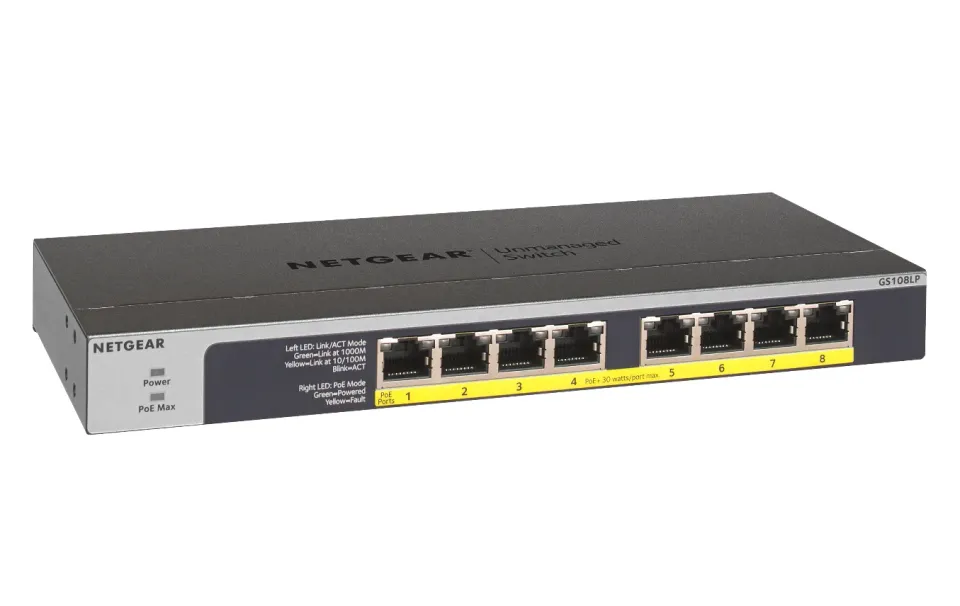 NETGEAR 8-port 10/100/1000Mbps Gigabit Ethernet, Flexible PoE, GS108LP