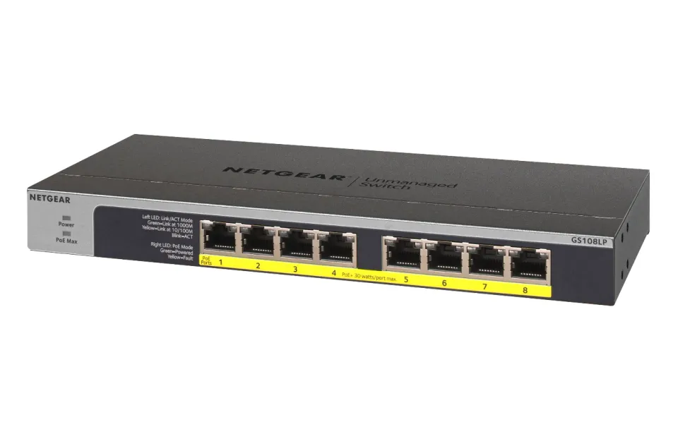 NETGEAR 8-port 10/100/1000Mbps Gigabit Ethernet, Flexible PoE, GS108LP