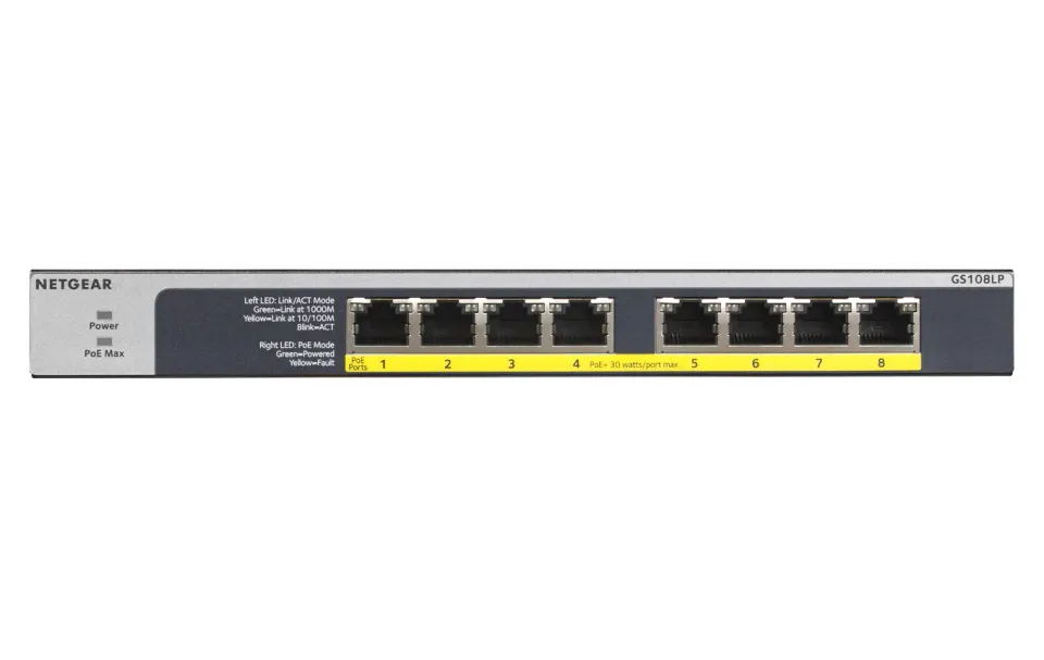 NETGEAR 8-port 10/100/1000Mbps Gigabit Ethernet, Flexible PoE, GS108LP
