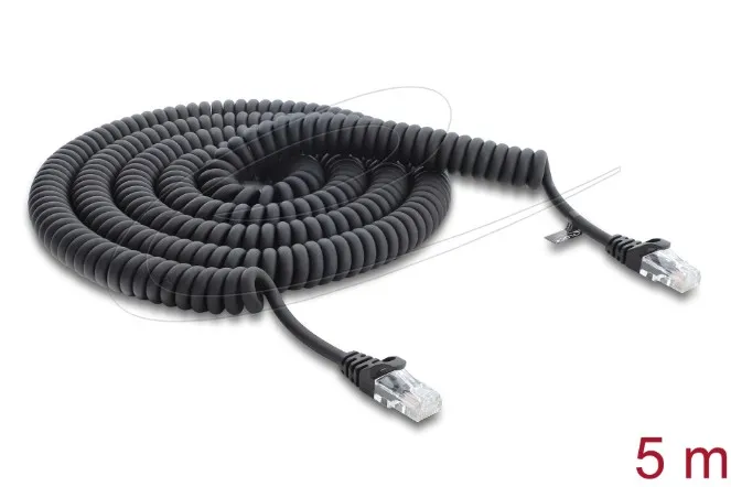 Delock Vinutý kabel rozhraní RJ45, ze zástrčky na zástrčku, Cat.5e, 5 m, černý