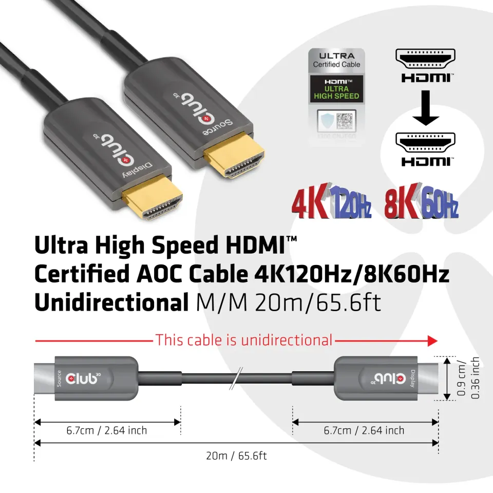 Club3D Kabel prodlužovací Ultra Rychlý HDMI™ Certifikovaný AOC kabel 8K60Hz (M/M), 4K120Hz, 20m, černá
