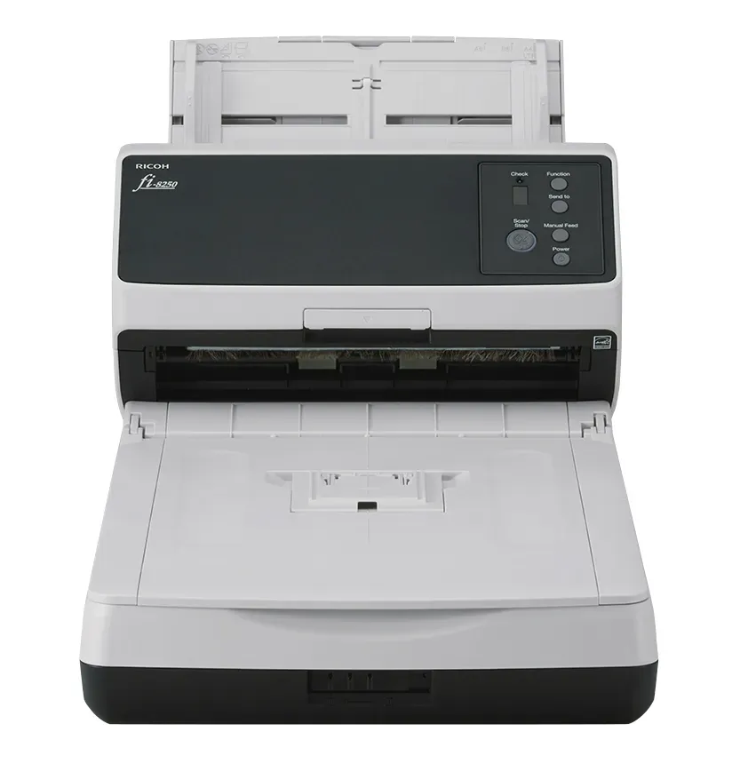RICOH skener Fi-8250 A4, deska+průchod, 50ppm, 600dpi, LAN RJ45-1000, USB 3.2,ADF 100listů, 8000 listů za den