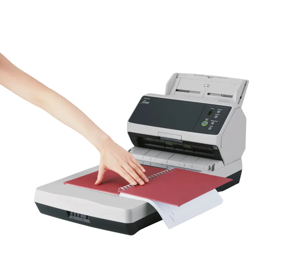 RICOH skener Fi-8250 A4, deska+průchod, 50ppm, 600dpi, LAN RJ45-1000, USB 3.2,ADF 100listů, 8000 listů za den