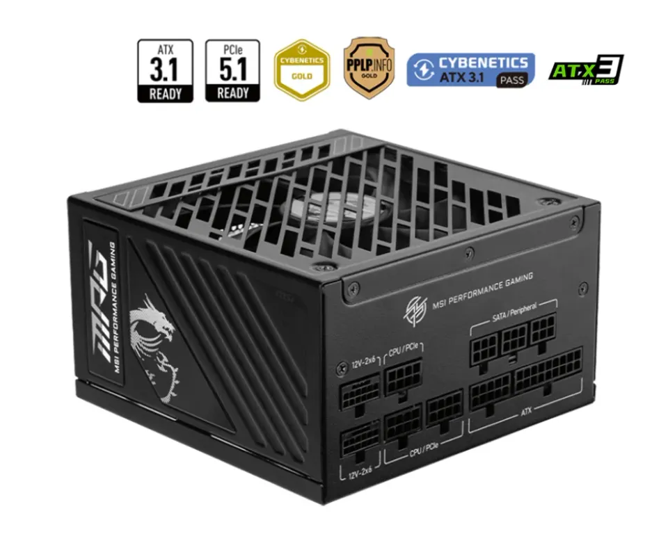 MSI zdroj MPG A1250GS PCIE5/ 1250W/ ATX3.1/ akt. PFC/ 10 let celk. záruka/ 135mm fan/ modulární kabeláž/ 80PLUS Gold