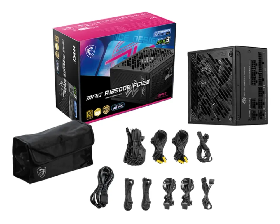 MSI zdroj MPG A1250GS PCIE5/ 1250W/ ATX3.1/ akt. PFC/ 10 let celk. záruka/ 135mm fan/ modulární kabeláž/ 80PLUS Gold