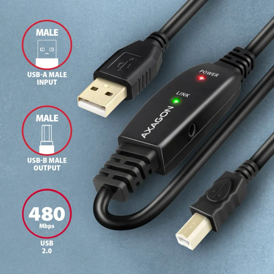 AXAGON ADR-215B, USB A-B, 2.0 aktivní prodlužovací / repeater kabel, 15m