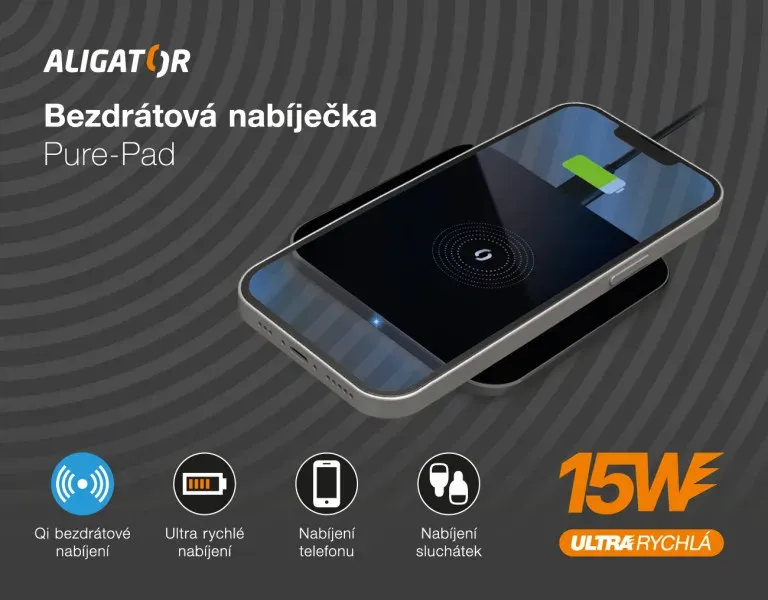 ALIGATOR bezdrátová nabíječka Aligator Pure-Pad 15W, černá
