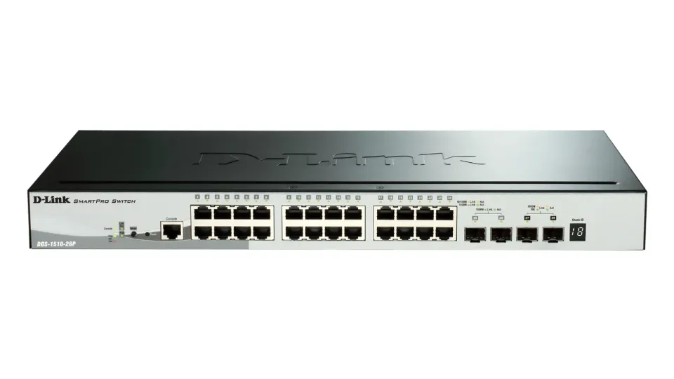 D-Link DGS-1510-28P 28-Port Gigabit Stackable SmartPro PoE Switch, 24x gigabit RJ45, 2x 10G SFP+ port, 2x SFP port