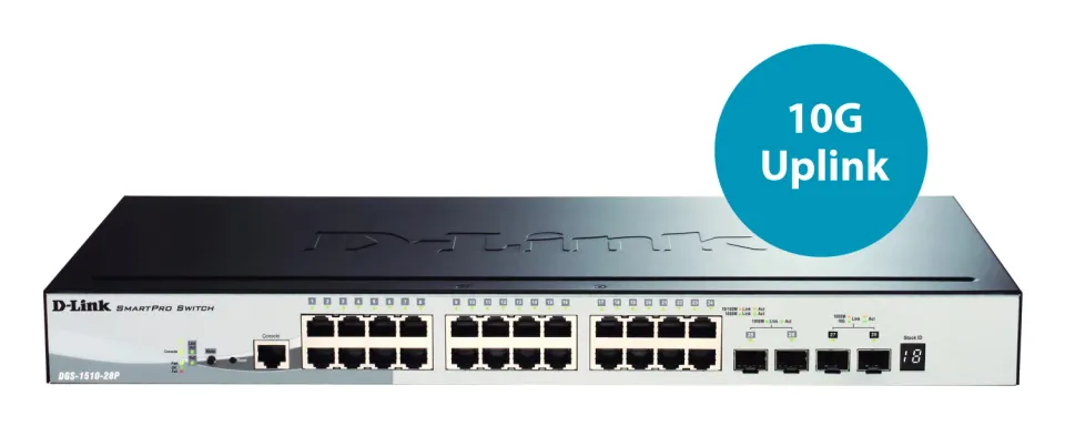 D-Link DGS-1510-28P 28-Port Gigabit Stackable SmartPro PoE Switch, 24x gigabit RJ45, 2x 10G SFP+ port, 2x SFP port