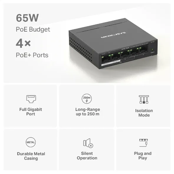 MERCUSYS MS105GP - 5portový gigabitový stolní switch s 4 porty PoE+, 5× 10/100/1