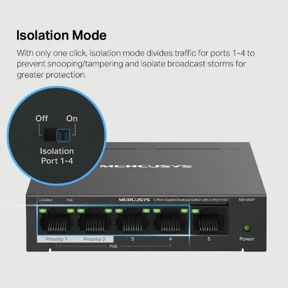 MERCUSYS MS105GP - 5portový gigabitový stolní switch s 4 porty PoE+, 5× 10/100/1