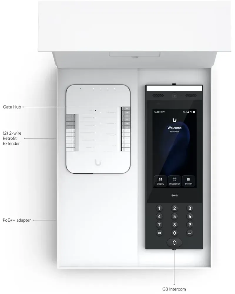 Ubiquiti UniFi Access G3 Gate Starter Kit - Sada, 1x Hub Gate, 1x G3 Intercom, 2x PoE extender, 1x PoE++ injektor