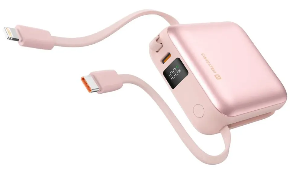 Swissten Power Bank Space 10000 mAh S Integrovanými Kabely USB-C A Lightning Růžová