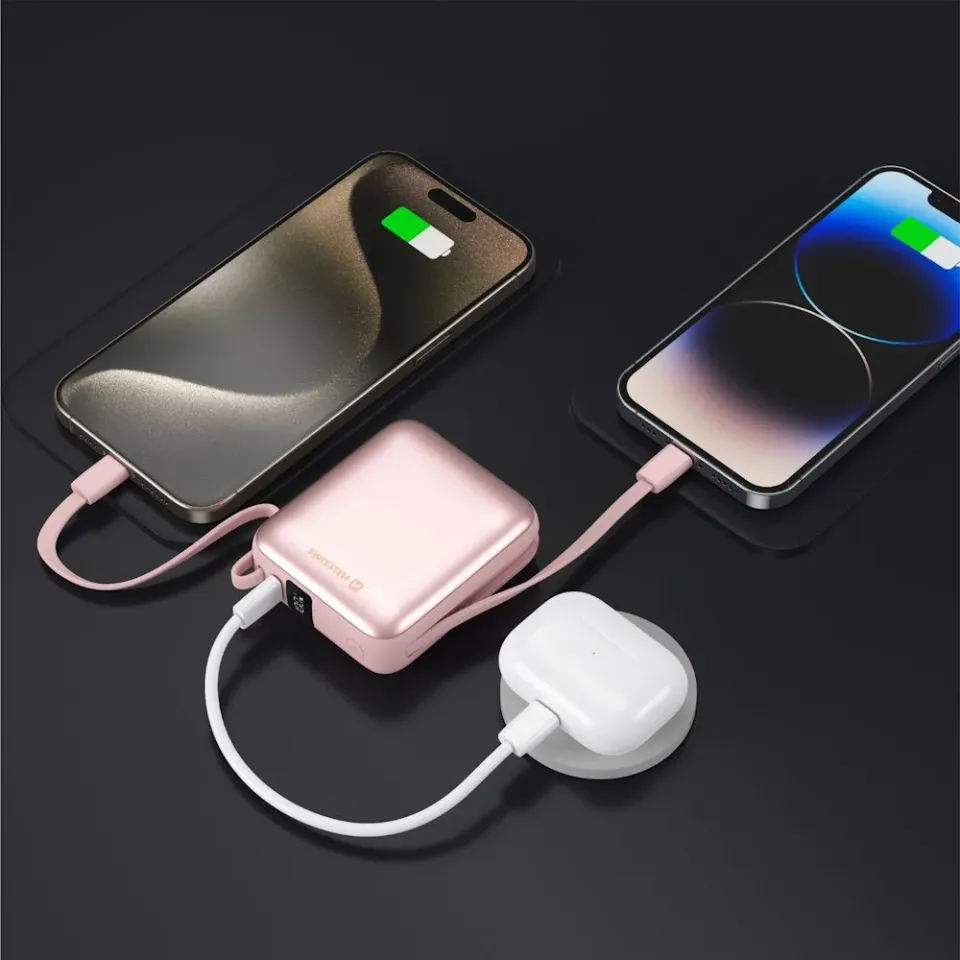 Swissten Power Bank Space 10000 mAh S Integrovanými Kabely USB-C A Lightning Růžová