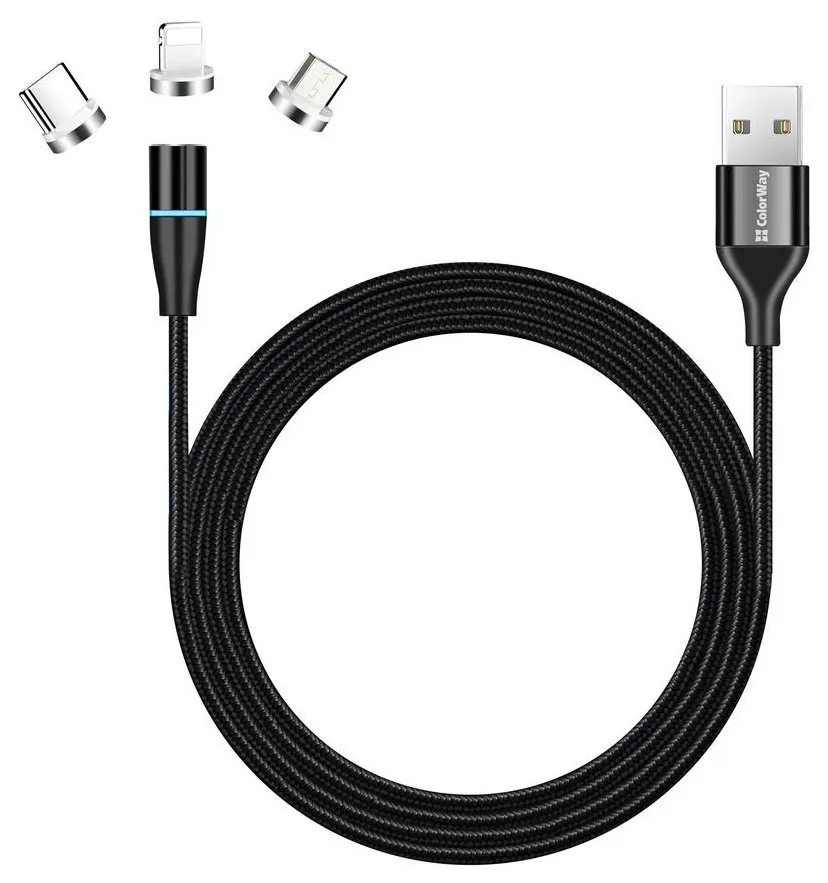 Colorway Nabíjecí Kabel 3v1 Lightning+MicroUSB+USB-C/ Magnetic/ 2.4A/ Nylon/ Quick Charge 3.0/ 1m