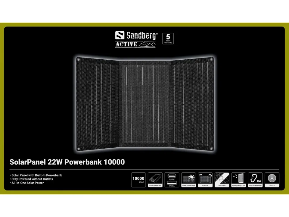 Sandberg SolarPanel 22W Powerbank 10000 mAh, solární powerbanka, černá