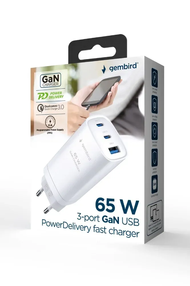 GEMBIRD, Nabíječka USB, 1x USB + 1x USB-C port PD, 65W, černá