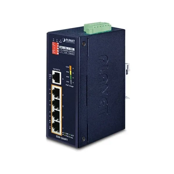 Planet ISW-504PT Průmyslový Switch 5x RJ-45, VLAN + Extend, -40~+75°C, PoE+ 802.3af/at 120W, 12-48VDC power-in