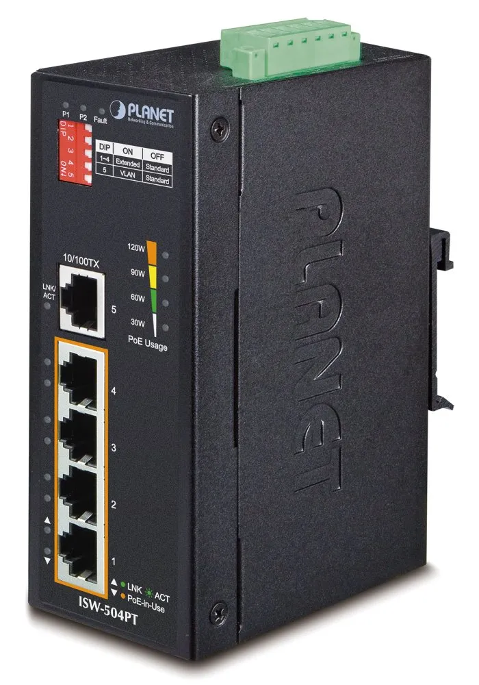 Planet ISW-504PT Průmyslový Switch 5x RJ-45, VLAN + Extend, -40~+75°C, PoE+ 802.3af/at 120W, 12-48VDC power-in