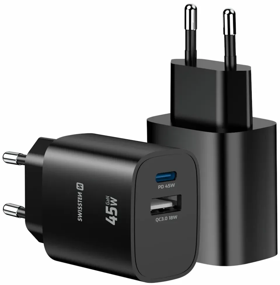 Swissten Síťový Adaptér Edge GaN 1x USB-C PD 45W + 1x USB-A 18W QC Černý