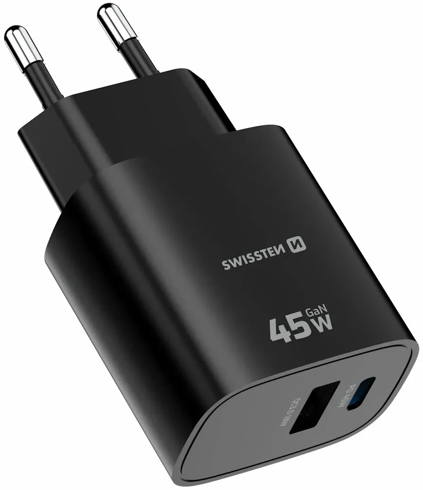 Swissten Síťový Adaptér Edge GaN 1x USB-C PD 45W + 1x USB-A 18W QC Černý