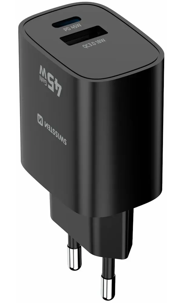 Swissten Síťový Adaptér Edge GaN 1x USB-C PD 45W + 1x USB-A 18W QC Černý