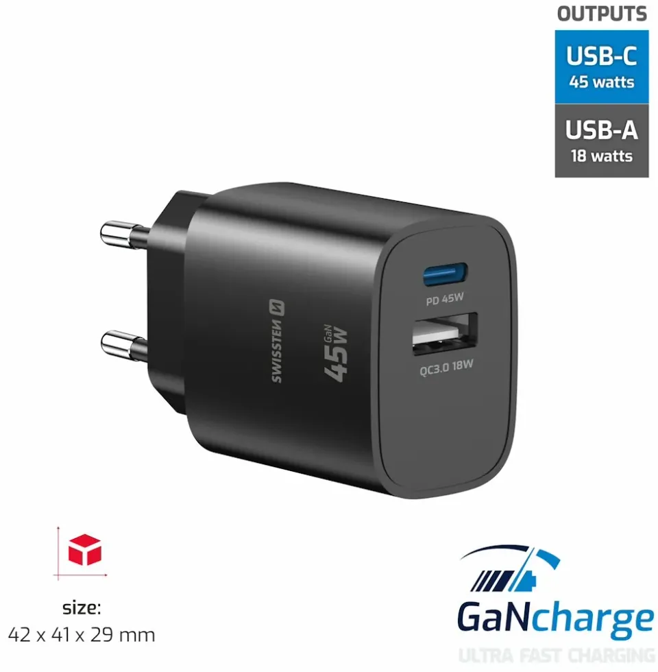 Swissten Síťový Adaptér Edge GaN 1x USB-C PD 45W + 1x USB-A 18W QC Černý