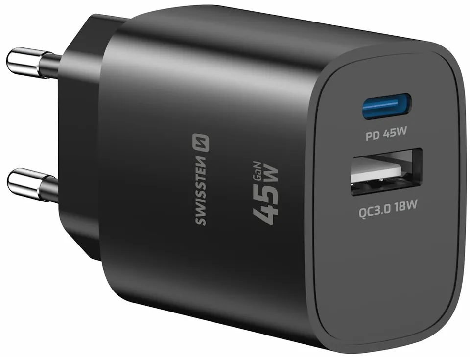 Swissten Síťový Adaptér Edge GaN 1x USB-C PD 45W + 1x USB-A 18W QC Černý