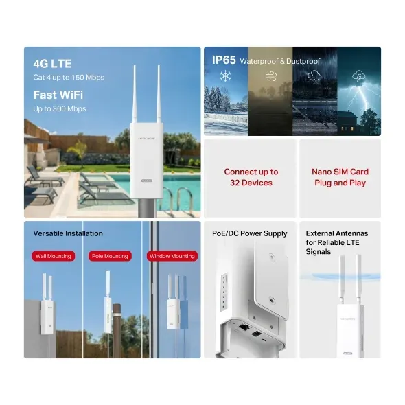 MERCUSYS MB118-4G venkovní-pout door WiFi4 router (N300, 4G LTE, 2,4GHz, 1x100Mb/s LAN/WAN,1xnanoSIM,1xPoE-Out)