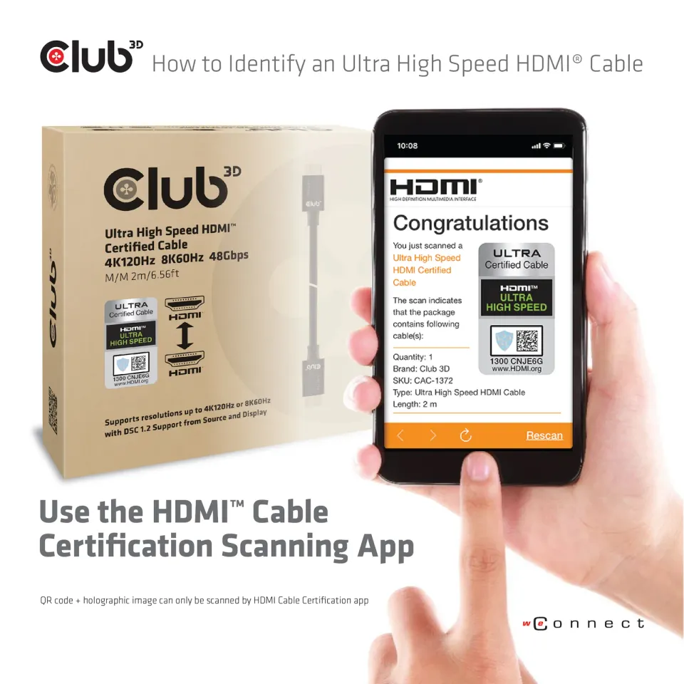 Club3D Kabel Ultra Rychlý HDMI™ Certifikovaný HDMI™ 4K120Hz, 8K60Hz, 2m, 28 AWG